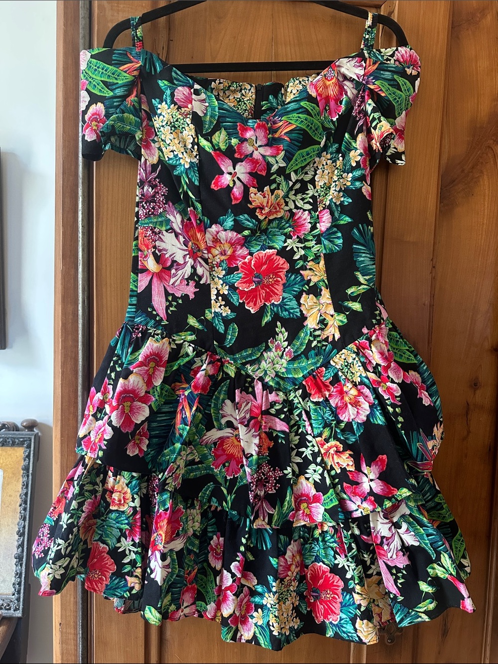 BUYER TOO vintage 90s Black Tropical Floral Off-Shoulder flare Dress